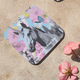 Retro Coquette Pink and Blue Unicorn Collage Beverage Coaster