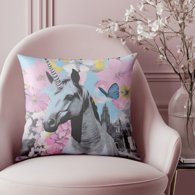 Retro Coquette Pink and Blue Unicorn Collage Throw Pillow (Elevate your style with this standout piece, ideal for lovers of vintage flair )