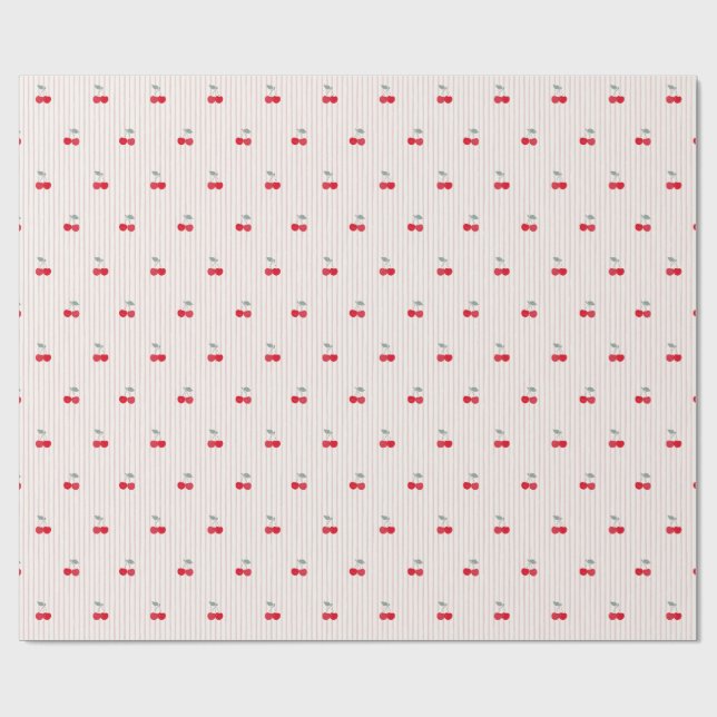 Retro Coquette Red Cherries & Pinstripe Wrapping Paper (Flat)