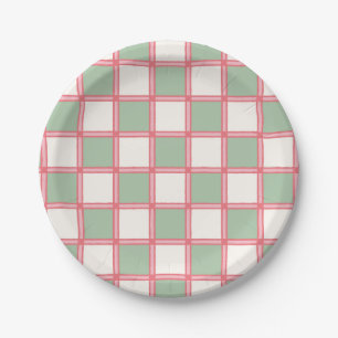 Retro Coral and Green Checkers Paper Plates