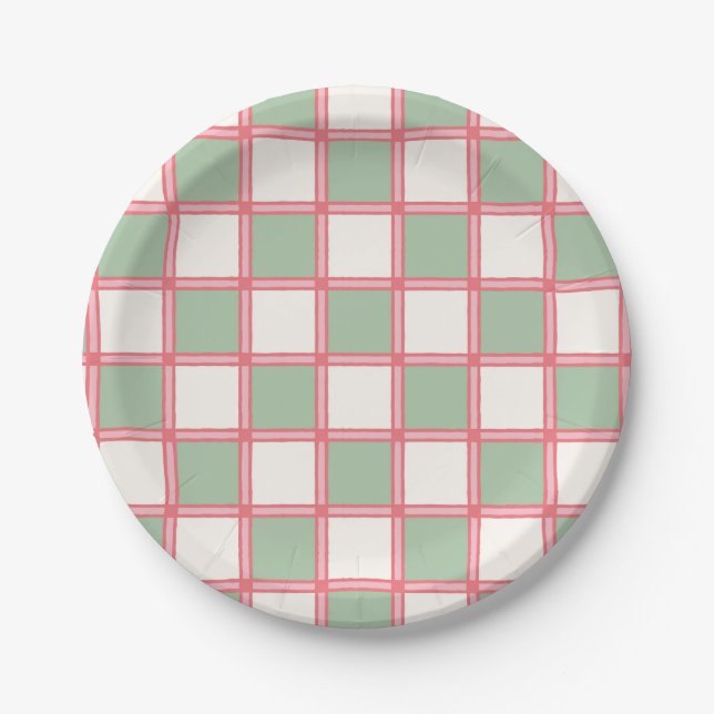 Retro Coral and Green Checkers Paper Plates (Front)
