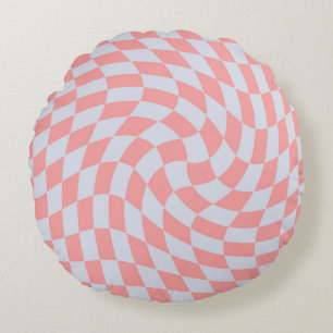 Retro Coral Blue Checks Warped Checkered Dorm Round Pillow