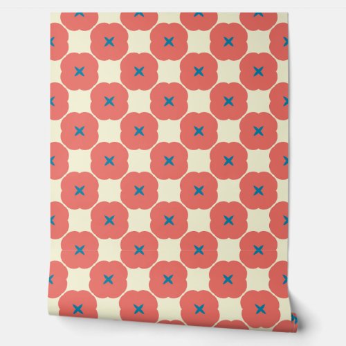 Retro Coral & Blue Graphic Floral Wallpaper Wallpaper