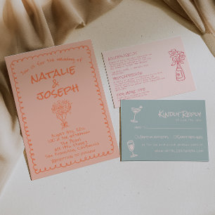 Retro Coral Hand Drawn Written Quirky Fun Wedding Invitation