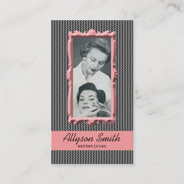 Retro Coral Houndstooth Esthetician Business Card (Front)