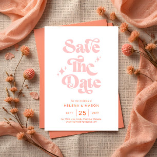 Retro Coral Pink Groovy Script Summer Wedding Save The Date
