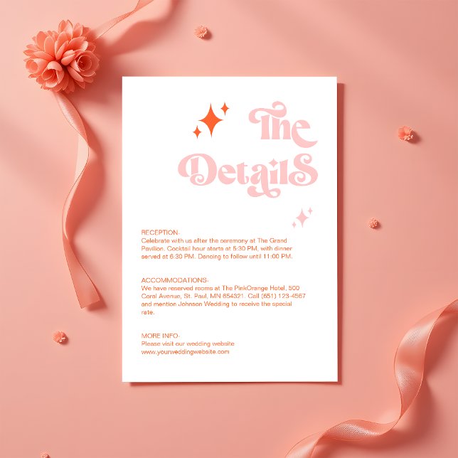 Retro Coral Pink Groovy Script Wedding Details Enclosure Card (Creator Uploaded)