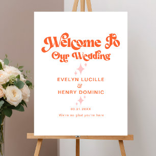Retro Coral Pink Orange Wedding Welcome Sign
