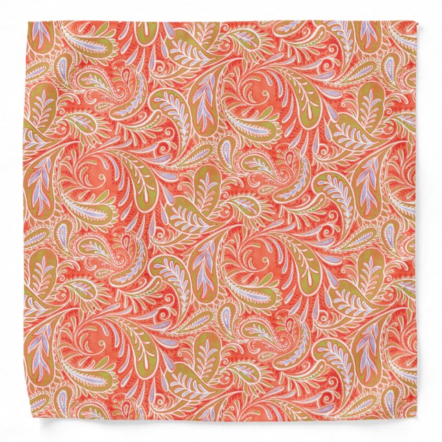 Retro Coral Red Green Paisley Pattern Bandana (Front)