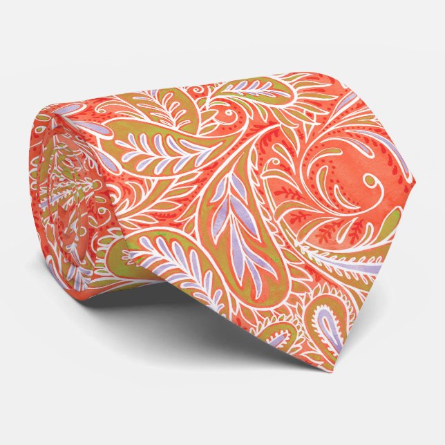 Retro Coral Red Paisley Pattern Neck Tie (Rolled)