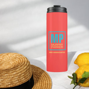 Retro Coral Red Teal Yellow Modern Monogram Logo Thermal Tumbler