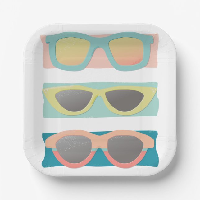 Retro Coral Summer Sunglasses Trio Paper Plates (Front)