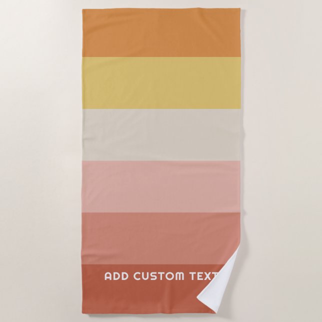 Retro Coral Sunset Stripes Minimal Sans Serif Name Beach Towel (Front)
