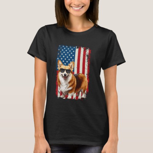 Retro Corgi Dog Lovers Owners USA America Flag 4th T-Shirt