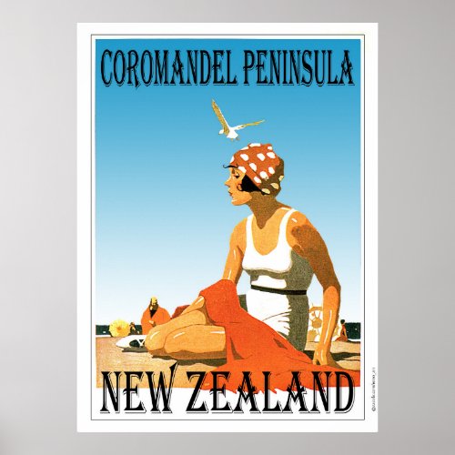 Retro Coromandel Peninsula Beach Poster New Zealan