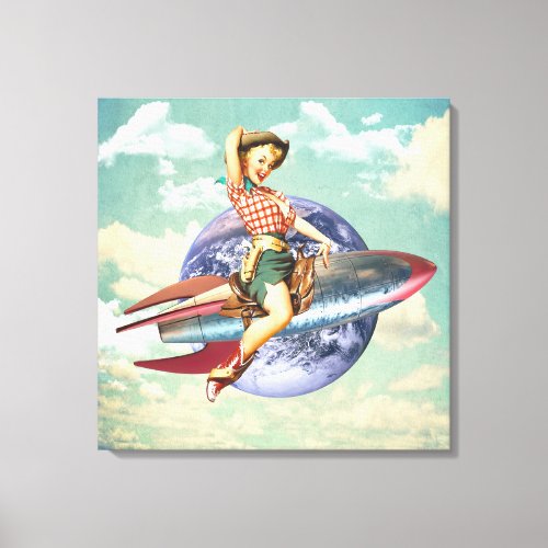Retro Cosmic Cowgirl Pinup Rocket Surreal Collage Canvas Print