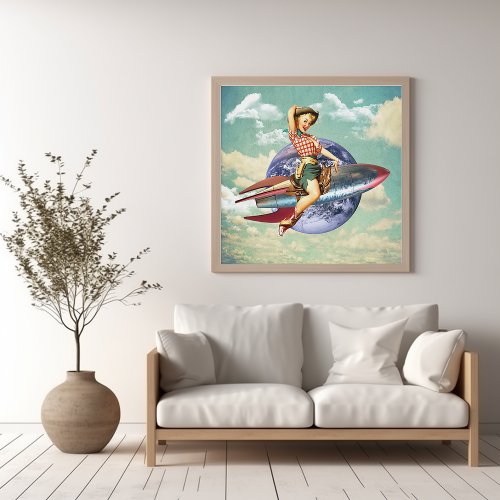 Retro Cosmic Cowgirl Pinup Rocket Surreal Collage Poster