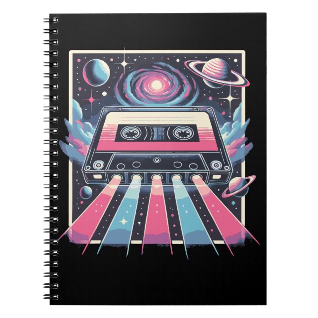 Retro Cosmic Mixtape – Synthwave Cassette in Space Notebook (Front)