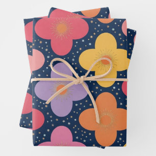 Retro Cosmic Quatrefoil Floral Starry Night Wrappi Wrapping Paper Sheets