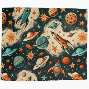 Retro Cosmic Rocket Comic Teal Gold Starburst 3 Ring Binder