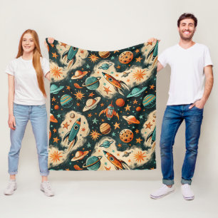 Retro Cosmic Rocket Comic Teal Gold Starburst Fleece Blanket