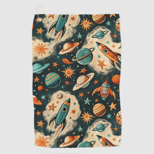 Retro Cosmic Rocket Comic Teal Gold Starburst Golf Towel