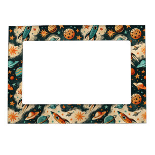 Retro Cosmic Rocket Comic Teal Gold Starburst Magnetic Frame