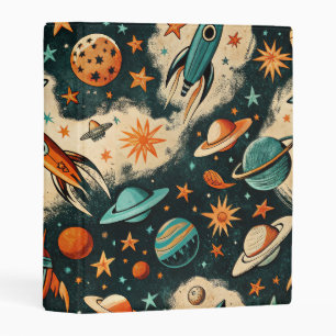 Retro Cosmic Rocket Comic Teal Gold Starburst Mini Binder