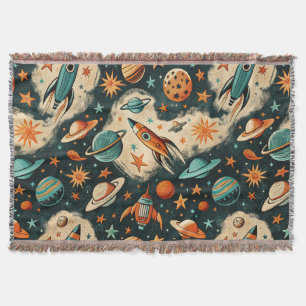 Retro Cosmic Rocket Comic Teal Gold Starburst Throw Blanket