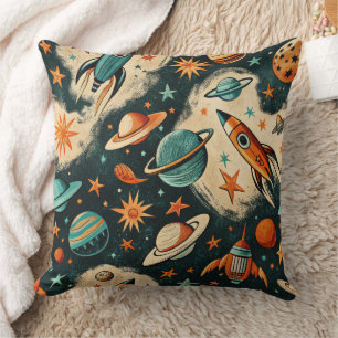 Retro Cosmic Rocket Comic Teal Gold Starburst Throw Pillow