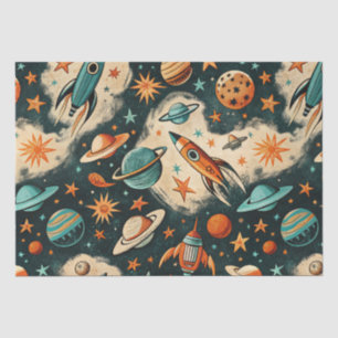 Retro Cosmic Rocket Comic Teal Gold Starburst Tissue Paper