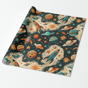 Retro Cosmic Rocket Comic Teal Gold Starburst Wrapping Paper