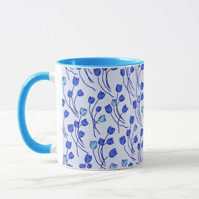 Retro Cottage Sketchy Tulips | Blue Delft Mug (Left)