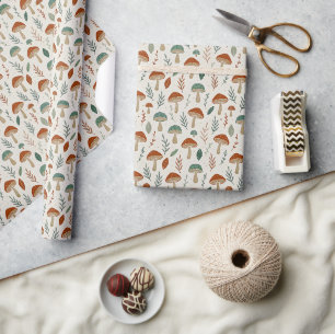 Retro Cottagecore Mushrooms and Leaves Print Wrapping Paper