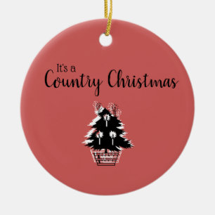 Retro Country Christmas Red and Beige Ceramic Ornament