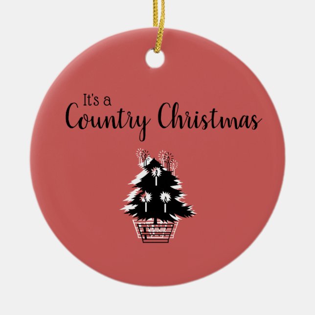 Retro Country Christmas Red and Beige Ceramic Ornament (Front)