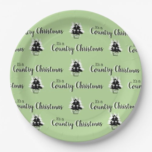 Retro Country Christmas Trees Pattern Green Paper Plates