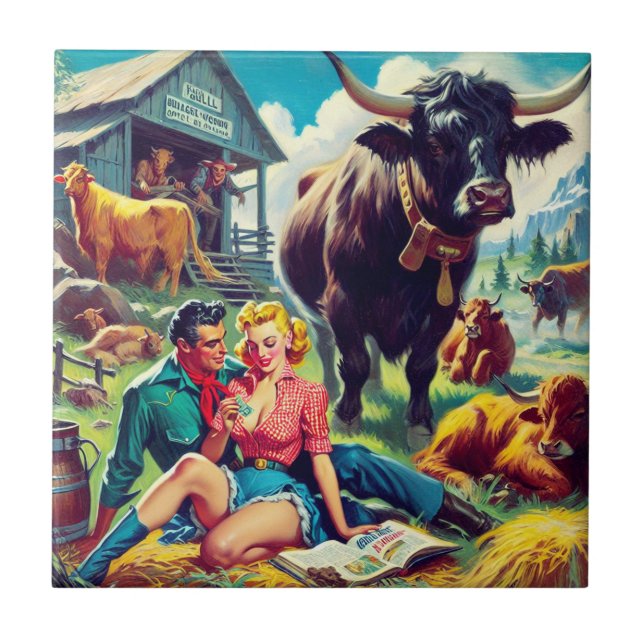 Retro Country Couple Illustration Ceramic Tile (Front)