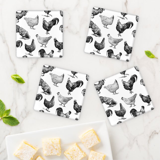 Retro Country Farm Chicken Pattern Coaster Set (In Situ)