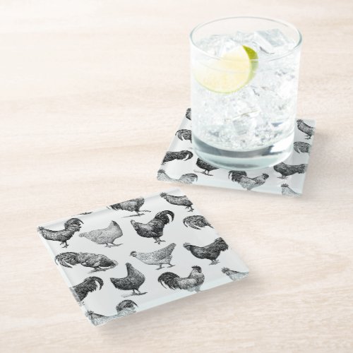 Retro Country Farm Chicken Pattern Glass Coaster