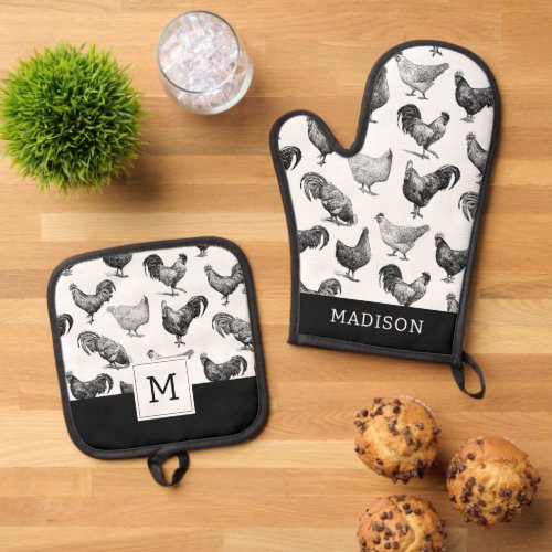 Retro Country Farm Chicken Pattern Oven Mitt  Pot Holder Set