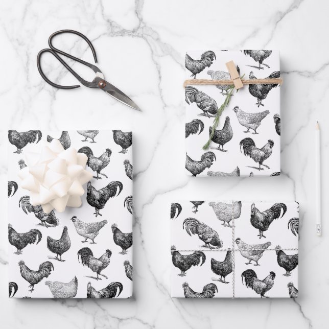 Retro Country Farm Chicken Pattern Wrapping Paper Sheets (Front)