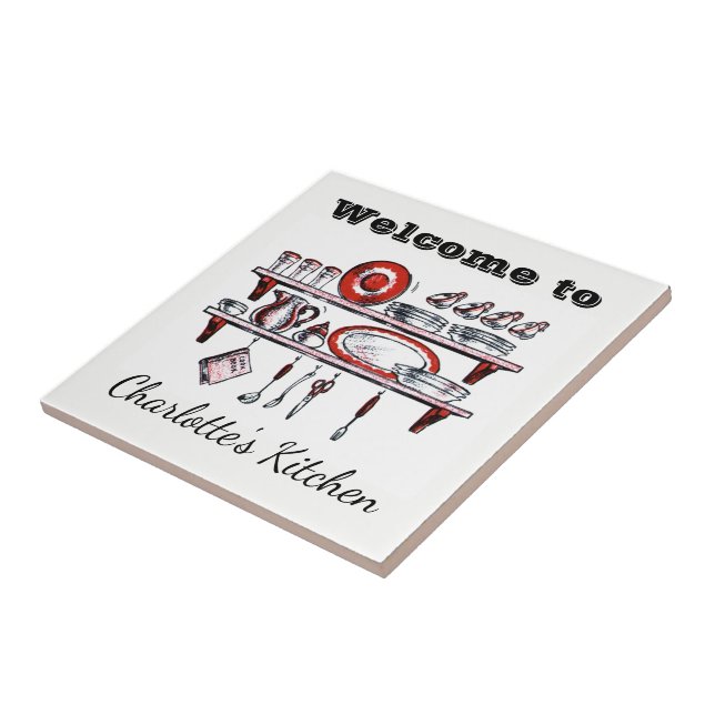 Retro Country Kitchen | Personalized Name Welcome Ceramic Tile (Side)