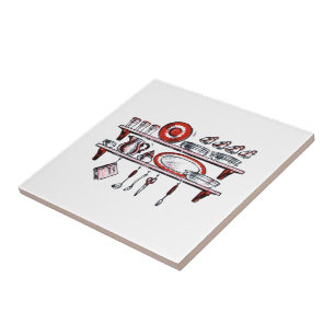 Retro Country Kitchen Shelf   Black White and Red Tile