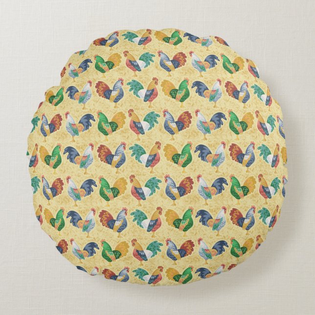 Retro Country Rooster Round Pillow (Front)