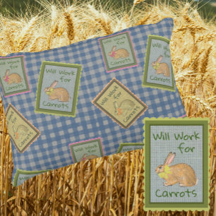 Retro Country Vintage Blue Check Bunny Carrots Accent Pillow