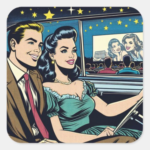 Retro Couple at Drive_In Movie Square Sticker