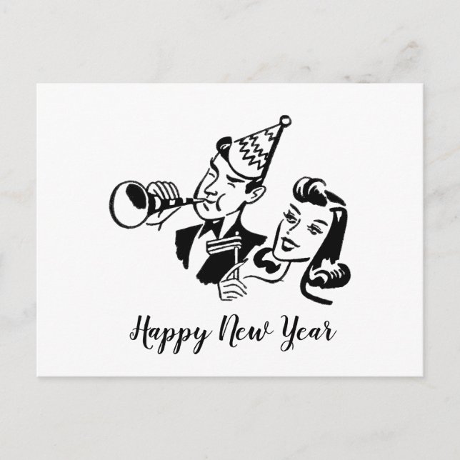 Retro Couple Happy New Year Holiday Postcard (Front)