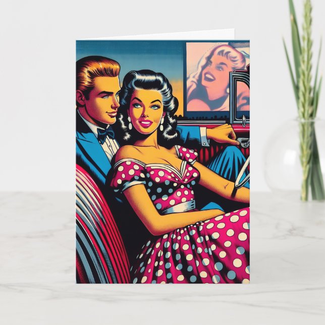 Retro Couple in Car at Drive In Movie Anniversary Card (Front)