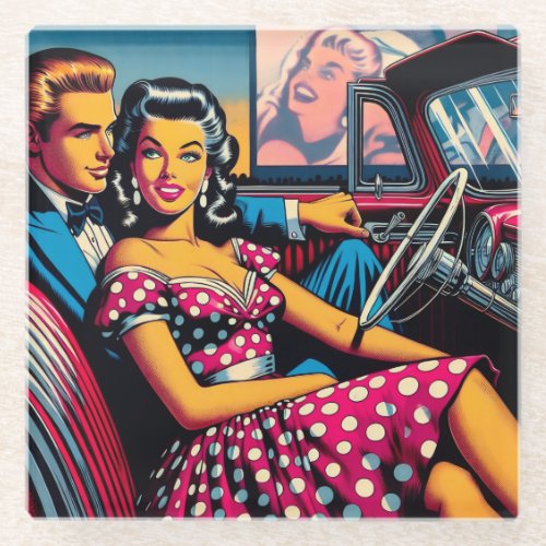 Retro Couple in Car at Drive In Movie Glass Coaster